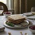 A dining table set for a meal, featuring a stack of matzo on a silver platter. Two Royalty Free Stock Photo