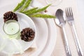 Dining table setting white plate with candles, flower, vintage c Royalty Free Stock Photo