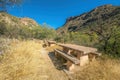 Dining tables on a camground with desert mountain view at Sabino Canyon State Park, Tucson, AZ