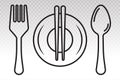 Dining vector line art icon with plate, chopsticks, fork and knife on a transparent background Royalty Free Stock Photo