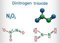 Dinitrogen trioxide , N2O3 molecule. Structural chemical formula and molecule model