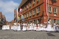 Girls in white dresses in DinkelsbÃÂ¼hl during the festivities of the historical Kinderzeche Royalty Free Stock Photo