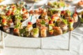 Dinner banquet hall tasty small sandwiches food photography on table white background