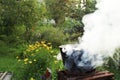 Dinner cooking on an open fire in the garden Royalty Free Stock Photo