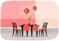 Restaurant in chinese style interior design. Served table with food from China and dishes