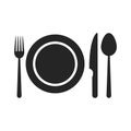 Dinner icon. Plate with fork, knife and spoon in modern design style for web site and mobile app