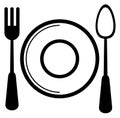 Dinner icon. Plate with spoon and fork top view