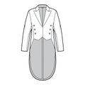 Dinner jacket tuxedo technical fashion illustration with double breasted, long sleeves, peaked collar, low high hem.