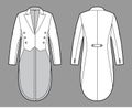 Dinner jacket tuxedo technical fashion illustration with double breasted, long sleeves, peaked collar, low high hem.