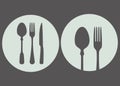 Dinner logo in the form of a plate, spoon and knife on a beige background