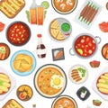 Dinner, lunch and fast food seamless pattern, vector illustration. Junk food and healthy dinner background. Soups, pizza