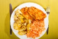 Dinner meal. Fried chicken roasted potatos and carrot salad. Royalty Free Stock Photo