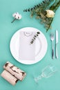 Dinner menu for a wedding or luxury evening meal. Table setting from above. Elegant empty plate, cutlery, glass and Royalty Free Stock Photo