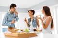 Dinner Party. Happy Friends Eating Pizza, Having Fun. Friendship Royalty Free Stock Photo