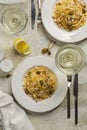 Dinner with pasta linguine with swordfish, butter, lemon sauce Royalty Free Stock Photo