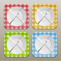 Dinner place setting icon set. Realistic white plate with silver fork and spoon on a checkered tablecloth background - Royalty Free Stock Photo