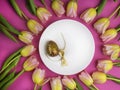 Dinner plate with gold easter egg, bow, tulips Royalty Free Stock Photo