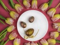 Dinner plate with gold easter eggs, bow, tulips Royalty Free Stock Photo