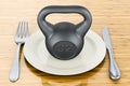 Dinner plate with kettlebell, 3D rendering Royalty Free Stock Photo