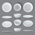 Dinner plates mockups. Realistic white ceramic dishes and empty bowl top, angle and side views. Porcelain round tableware dish 3d Royalty Free Stock Photo