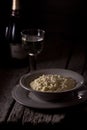 Dinner, rice with wine. Photo of food on a dark background Royalty Free Stock Photo