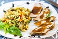 Dinner of roast meat, gravy and savory rice Royalty Free Stock Photo