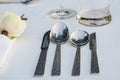 Dinner set. Fork, knife and spoon on the table. Royalty Free Stock Photo