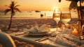 Romantic dinner setting on the beach at sunset Royalty Free Stock Photo
