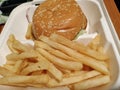 Dinner in the ship with cheese burger, French fries, Hemmm delicious & yummy