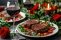 a dinner of steak and veggies with a glass of wine Royalty Free Stock Photo