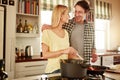 Dinner, support or happy couple kitchen cooking with healthy food or vegetables for lunch together at home. Affection or Royalty Free Stock Photo