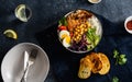 Dinner table buddha bowl Rice chickpeas chicken breast eggs vegetables top view