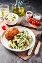 Dinner table with different dishes, set menu for nutritious healthy lunch in restaurant, business lunch Royalty Free Stock Photo