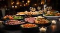 Dinner table with food and snacks. Variety dishes, salads, sliced meats, ham, vegetables, wine glasses