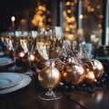 Dinner table full of dishes with Champagne, Christmas and New Year\'s. Royalty Free Stock Photo