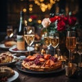 Dinner table full of dishes with food and snacks, Christmas and New Year\'s.