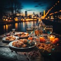 Dinner table full of dishes with food and snacks, Christmas and New Year\'s.