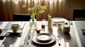 Dinner table indoor setting that is modern, sleek, and chic