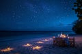 Dinner Table Set Up on the Beach at Night, A softly-lit romantic dinner setup on a beach under a starry night sky, AI Generated Royalty Free Stock Photo