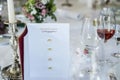 Dinner table wine glas candle burning card Event German header text hochzeitsmenu translation Wedding menu Copyspace Royalty Free Stock Photo