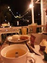 dinner with tea, desert and heavy food with a romantic night atmosphere