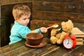 Dinner time. Little boy and teddy bear have dinner together. Child feed toy with healthy dinner. Dinner with friend. Eat