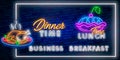 Dinner Time neon sign, bright signboard, light banner. Dinner logo neon, emblem. business lunch neon. Breakfast logo. Vector Royalty Free Stock Photo