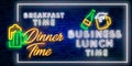 Dinner Time neon sign, bright signboard, light banner. Dinner logo neon, emblem. business lunch neon. Breakfast logo. Vector Royalty Free Stock Photo