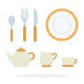 Dinnerware with orange piping and tea service vector flat isolated