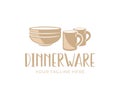 Dinnerware, tableware, cups and plates, logo design. Dishes, crockery, kitchen and cuisine, vector design