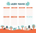 Vector weekly planner with dinosaurs, trees in cartoon style and cute elements