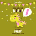 Cute baby girl dinosaur. Birthday invitation.