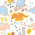 Vector cute dinosaurs seamless pattern. Dinosaur eggs and footprints childish repeating pattern.