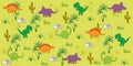 Cute seamless pattern with dinosaurs and cactuses. Royalty Free Stock Photo